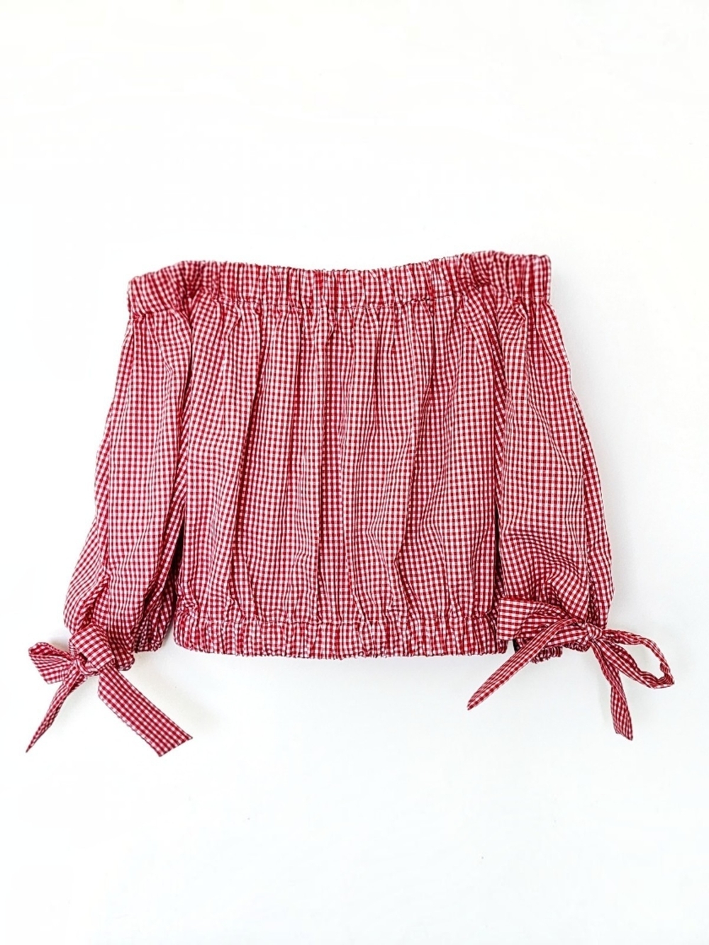 Zara Red Gingham Off-Shoulder Crop Top with Tie Sleeves XS